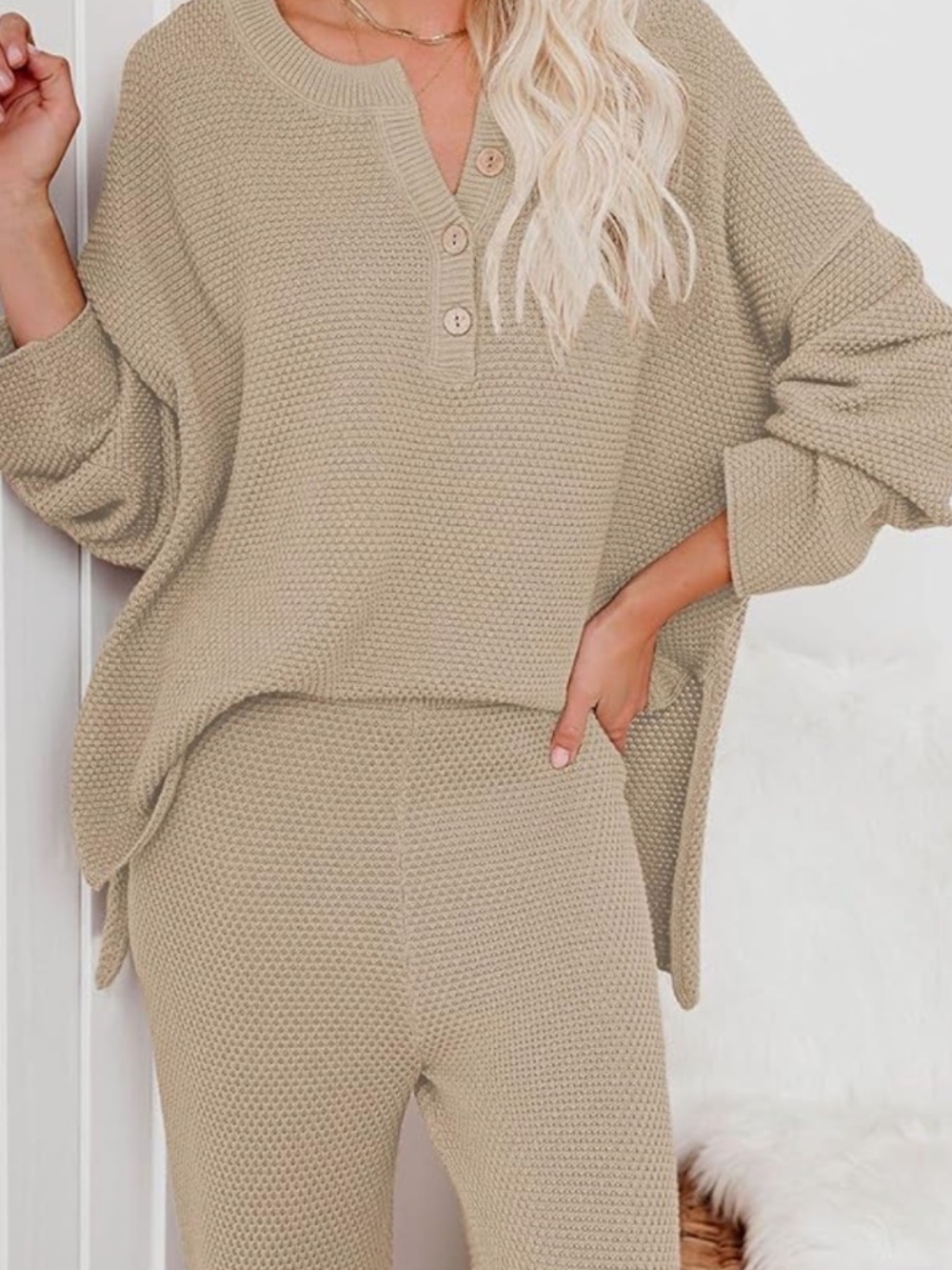 Women's 2 Piece Lounge Set - Waffle Knit - Beige Grey